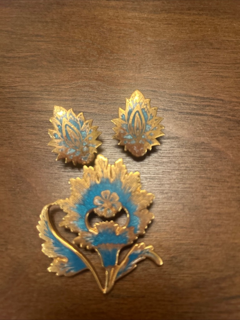 Vtg MMA 1985 Shah Jahan Blue Enamel Thistle Moghul Pendant Brooch and earrings